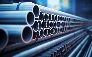 Gray industrial steel pipes with blurred background.