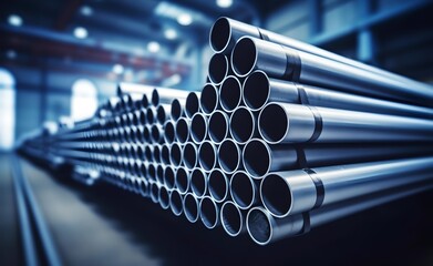 Gray industrial steel pipes with blurred background. - obrazy, fototapety, plakaty
