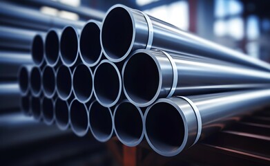 Gray industrial steel pipes with blurred background.