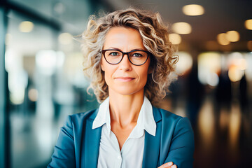 Retrato de mujer de negocios en la oficina. Atractiva gerente ejecutiva profesional en su lugar de trabajo. Concepto de liderazgo profesional.