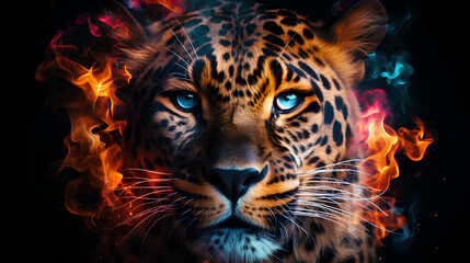 Neon, Mesmerizing jaguar, dynamic composition, blue and red colors, AI-Generated