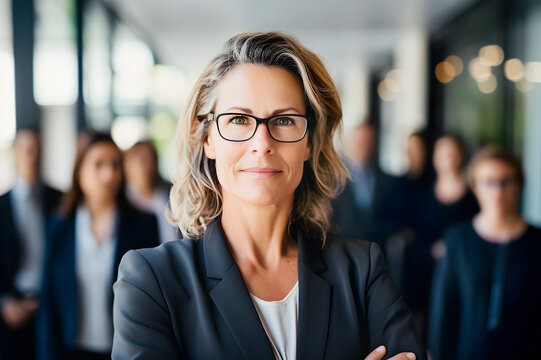 Retrato de mujer de negocios en la oficina. Atractiva gerente ejecutiva  en su lugar de trabajo con su equipo profesional de proyectos.  Concepto de liderazgo profesional.
