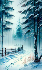 Watercolor painting of a winter forest landscape.