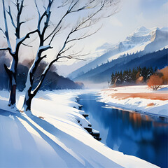 Watercolor painting of a winter landscape. Frozen river in the mountains.