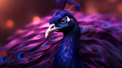 Neon, Mesmerizing peacock head, closeup, blurry background, AI-Generated