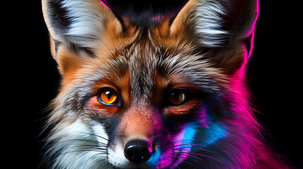 Neon, Mesmerizing close-up on red fox, looking into camera, bright colors, AI-Generated