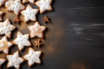 Gingerbread cookies on a dark background. Top view, copy space. Christmas and New Year concept