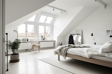 Minimalist loft bedroom with Scandinavian touches and a classic white interior design. Generative AI - obrazy, fototapety, plakaty