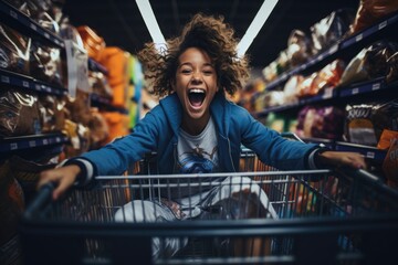 Excited African American woman in shopping cart. Generative Ai - obrazy, fototapety, plakaty