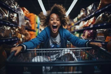Fotobehang Excited African American woman in shopping cart. Generative Ai © Veronika