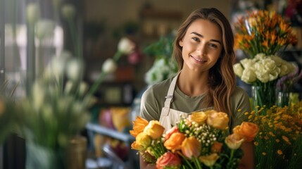 Portrait of woman florist in backround flower shop