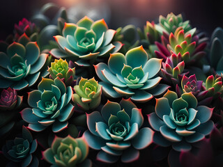 Close-up of a succulents in pots on a wooden table.