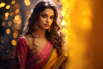 Fototapeta premium Beautiful young woman in sari on Christmas lights background. Generative Ai