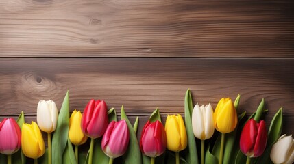 Row of tulips on wooden background