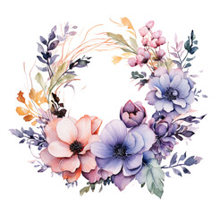 Watercolor illustration floral wreath cute. Generative AI, png image.