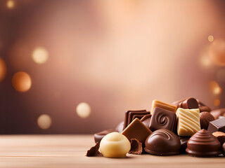 Various chocolates on a wooden table. Background with copy space and bokeh.