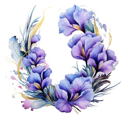 Watercolor illustration of a floral wreath with iris. Generative AI, png image.