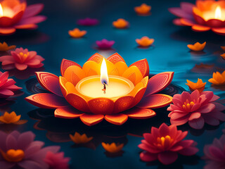 Close up of a decorative Diwali diya lamp floating on water among flowers.