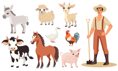 Vector set of flat illustrations. Farm animals on white background, domestic animals. Horse, cow, sheep, goat, goose, rooster, pig, donkey. A male farmer stands holding a shovel, smiling. Vector