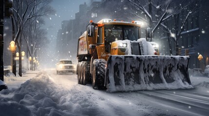 Fototapeta na wymiar Snowplow truck clearing city street of snow 