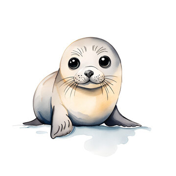 Watercolor painting of a cute little baby seal