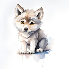 Watercolor painting of a cute little baby wolf.