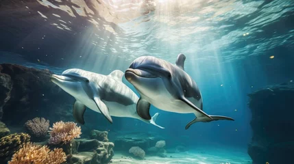 Schilderijen op glas Two dolphins in underwater wild world © Fly Frames
