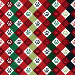 Christmas plaid pattern with paw print