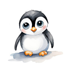 Fototapeta premium Watercolor painting of a cute little baby penguin.