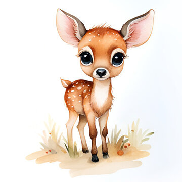 Watercolor painting of a cute little baby deer.