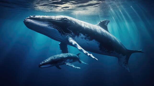Whale and her calf swimming below ocean surface
