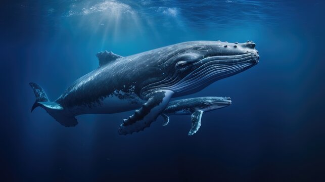 Whale and her calf swimming below ocean surface