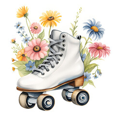 Vintage watercolor painting of a roller skates with flowers.