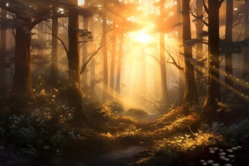 A misty forest with sunlight gently filtering through the trees, creating a magical and ethereal atmosphere.