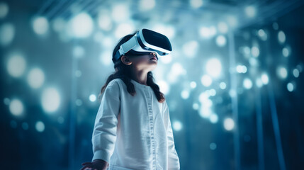 future technology and people concept - happy smiling girl vr glasses or virtual reality headset over white illumination in dark room