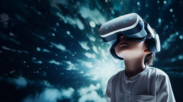 future technology and people concept - happy smiling boy vr glasses or virtual reality headset over white illumination in dark room - Powered by Adobe