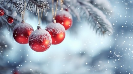 Fototapeta na wymiar christmas and new year holidays concept. Red balls on fir branches, winter snowy backdrop. festive winter season background. template for design. banner, copy space- generative AI