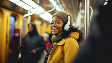 Happy african american woman listening music playlist with headphones in subway train- Model by AI...