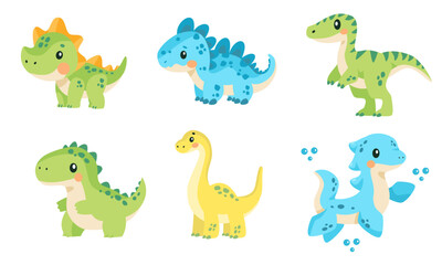 A set of super cute vector children's illustrations. Cute green dinosaurs on white background, blue aquatic dinosaur with flippers . Vector illustration