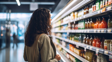 A woman buys food in a grocery store, stands with her back to the camera and looks at the full shelves of goods - obrazy, fototapety, plakaty
