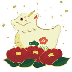 2024年賀状素材　龍のイラスト2_15　寒椿と張子の龍