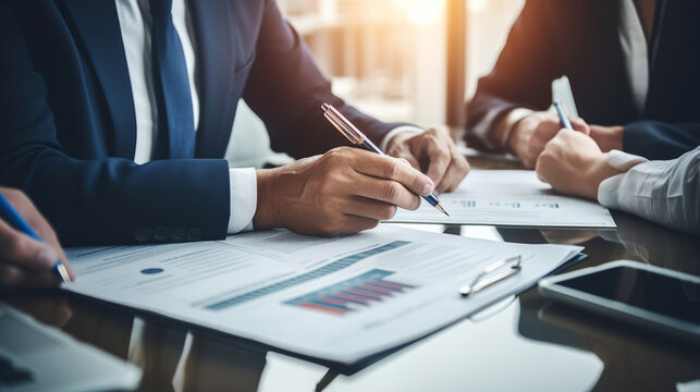 Business People Lawyer Attorney Showing Document To Man Client Providing Advisory Services, Professionals Discussing Tax Papers Working In Office At Meeting