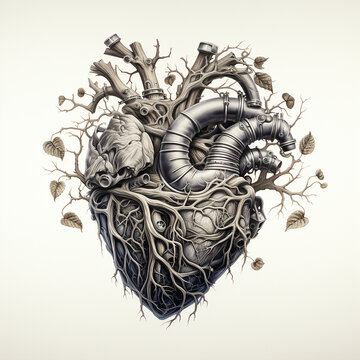 A human anatomical heart covered in biomechanical growth created with Generative