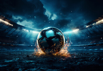 Soccer ball on the background of the stadium with dramatic style illustration - obrazy, fototapety, plakaty