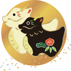 2024年賀状素材　龍のイラスト2_27　金色の円と白と黒の張子の龍