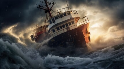 A fishing ship is caught in a severe storm - obrazy, fototapety, plakaty