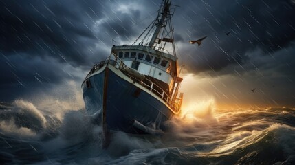 A fishing ship is caught in a severe storm