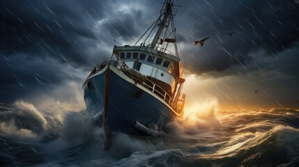 Obraz premium A fishing ship is caught in a severe storm