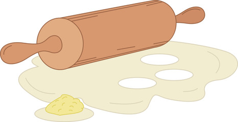 Colorful illustration of a dough with a rolling pin. Vector picture isolated on white background.	