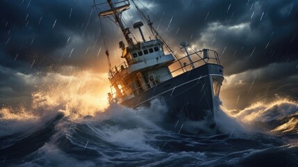A fishing ship is caught in a severe storm - obrazy, fototapety, plakaty